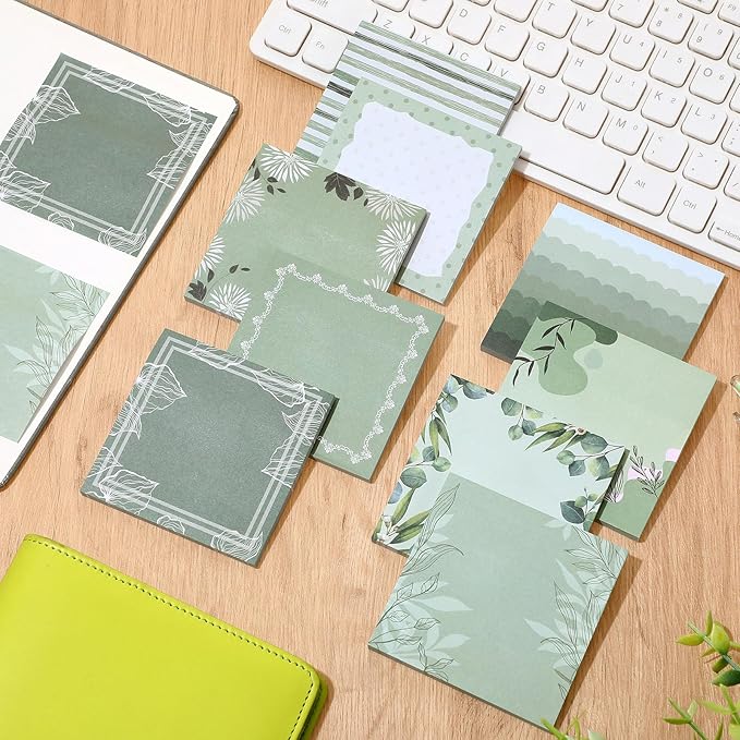 9 Pcs Aesthetic Sticky Notes Cute Pastel Self Stick Notepads Easy to Post Desk Supplies for Home Office Decor School Accessories Women Birthday Coworker Gifts (Green)