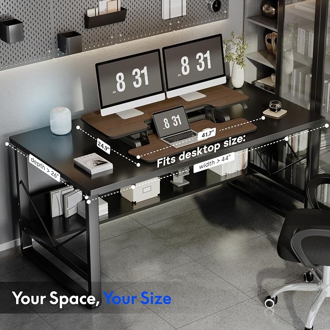 FLEXISPOT Standing Desk Converter 42" Premium Large Desk Riser for Triple Monitor, Spacious Desktop Sit Stand Workstation with Ergonomic Height Adjustment, Modern Stand Up Desk Riser, Walnut