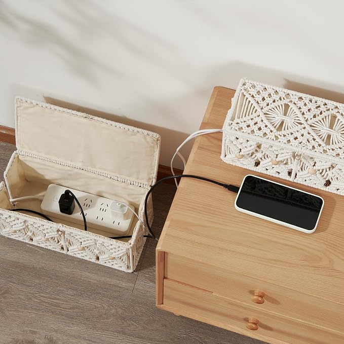 Cable Management Box Handmade Macrame Cord Storage Organizer | Power Strips Outlet Router Adapter TV Wire Hider Cover Under Desk Natural Cotton Rope Woven Basket w/ Lid, Off White, Large