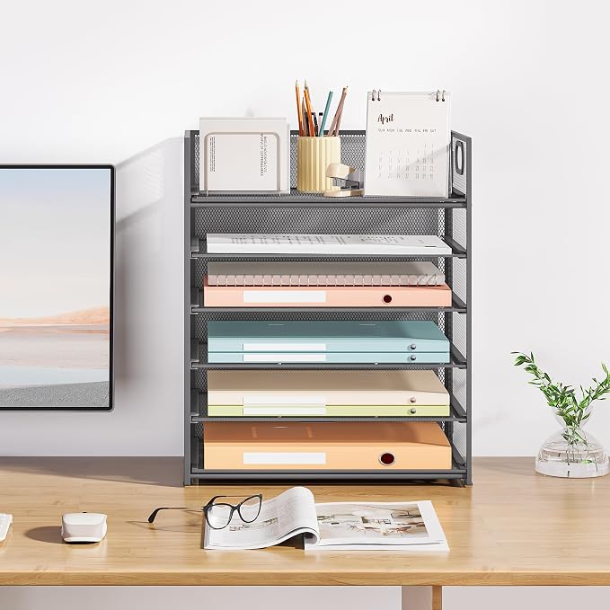 Subekyu 6-Tier Desk Paper Organizer, Desktop File Letter Tray with Handle, Document Sorter and Accessories Holder for Office, Home and School Workspace Organizers, Gray-2 Pack