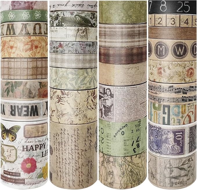 Bomichi 32 Roll Vintage Washi Tape Set Decorative Masking Paper Rainbow Colors Aesthetic Adhesive Ribbon Scrapbook Junk Journal Bullet Planner Diary DIY Craft Card Making Gift Wrapping Supplies