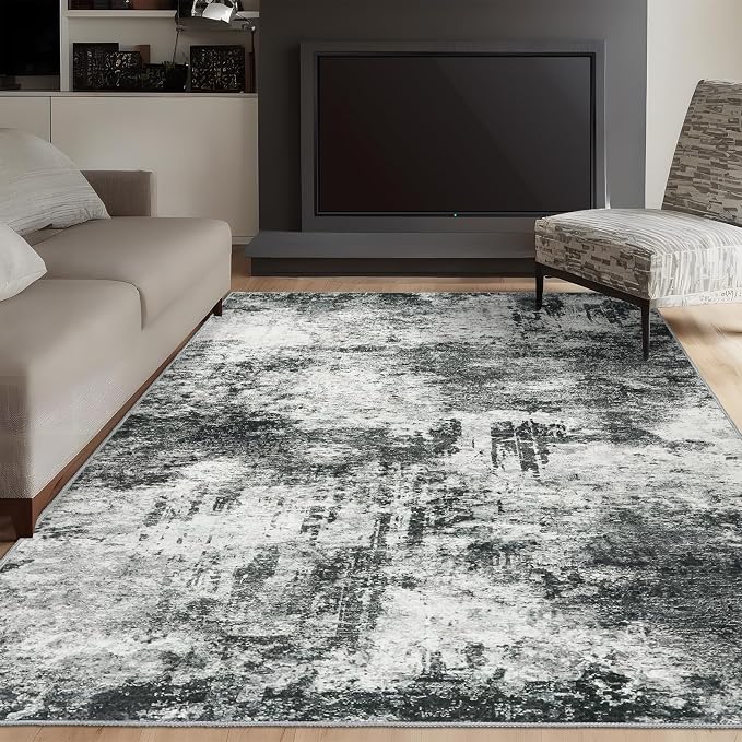 Washable 3x5 Abstract Area Rug - Large Living Room Area Rugs Modern Stain Resistant Indoor mat for Bedroom Dining Room Non Slip Rubber Backing Thin Super Soft Room Decor Floor Carpet 3x5 Black A