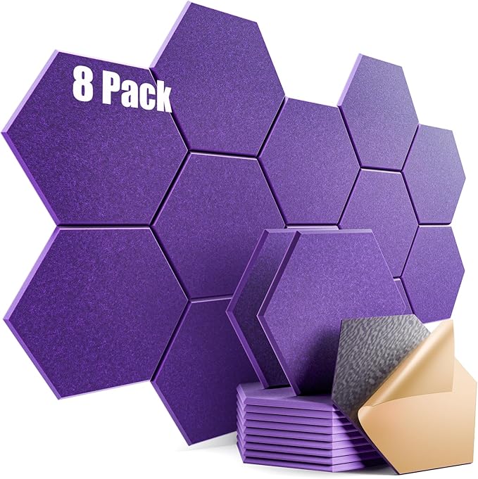 8 Pack Self-Adhesive Acoustic Panels 12" X 10" X 0.4" - Sound Proof Foam Panels for Wall with High Density, Hexagon Design, Flame Resistant, Absorb Noise and Eliminate Echoes(Purple)