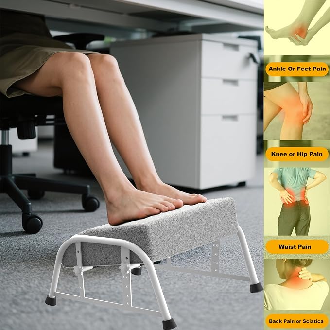 10-Level Adjustable Under Desk Footrest, XL White Metal Frame | Ergonomic under desk leg rest or desk foot rest. Home computer heavy duty office chair foot stool for gamers,work(White Plus)