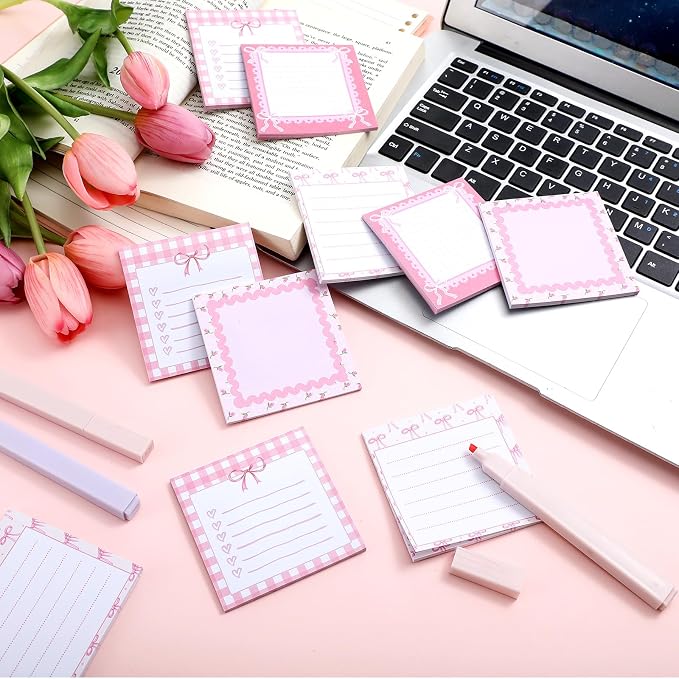 Thenshop 24 Pad/720 Sheets Coquette Bow Sticky Notes 3 x 3 Inch Cute Bow Sticky Note Pads Coquette Stuff Ribbon Notebook Memo Pads School Supplies for Women Party Favors(Pink)