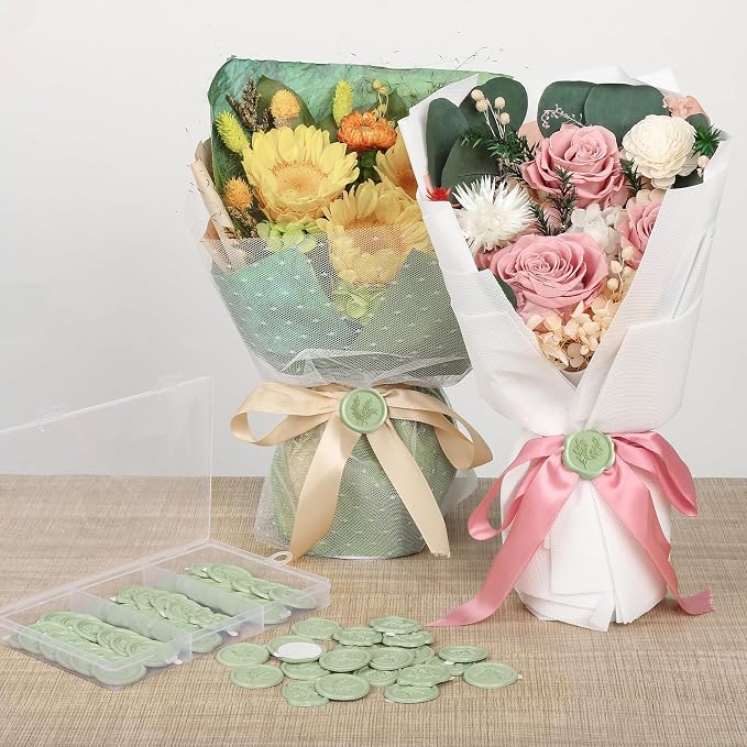 60Pcs Sage Green Wax Seal Stickers Set (3 Designs in 1 Pack) - Floral Botanical Adhesive Seals for Wedding Invitation Envelope Seal Stickers Gift Wrapping