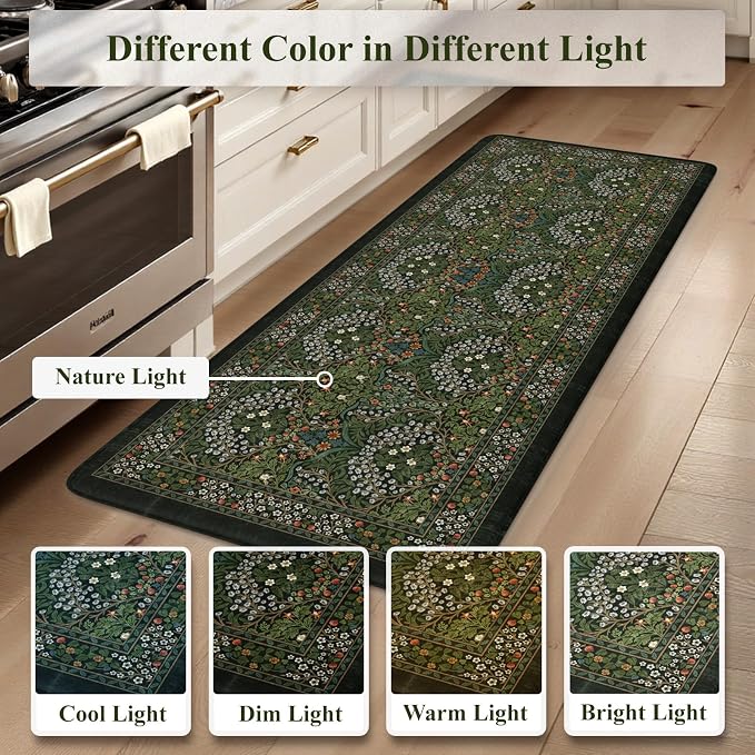 Collive Kitchen Mats for Floor, Cushioned Anti Fatigue Mat Dark Green Floral Rugs 2 Piece Non Skid Waterproof Sink Rug, Memory Foam Comfort Standing Mat for Office, Laundry, Desk