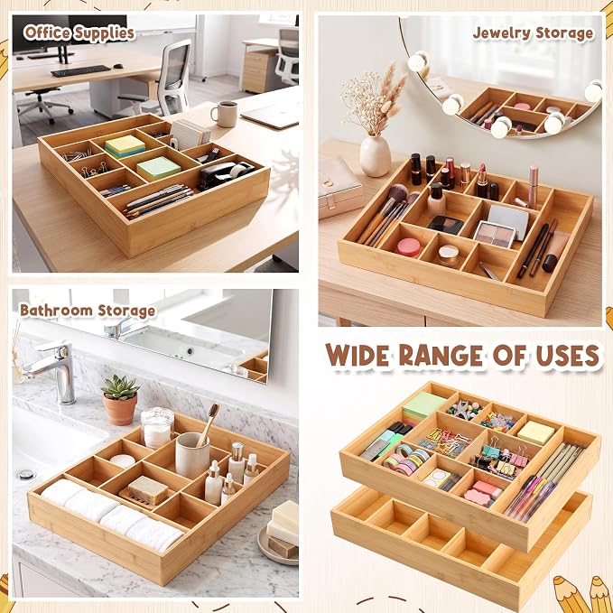 SiliFine 2 Pack Large Bamboo Desk Drawer Organizer, 10 Compartment Organization Tray Junk Drawer Storage Box Multi-use Container Bin for Kitchen, Sewing, Makeup, Office, Bathroom Vanity, 16.5"x12"
