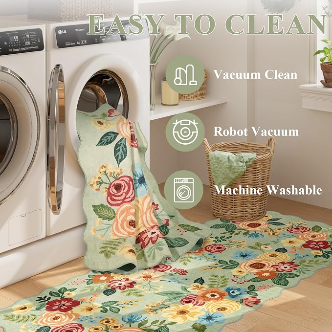 DUKINO Washable 2.6x12 Runner Rug for Hallway, Non Slip Floral Washable Kitchen Rug with Low Pile Design, Boho Stain Resistant Floor Carpet Runner for Entryway, Bathroom, Laundry, Bedroom, Green