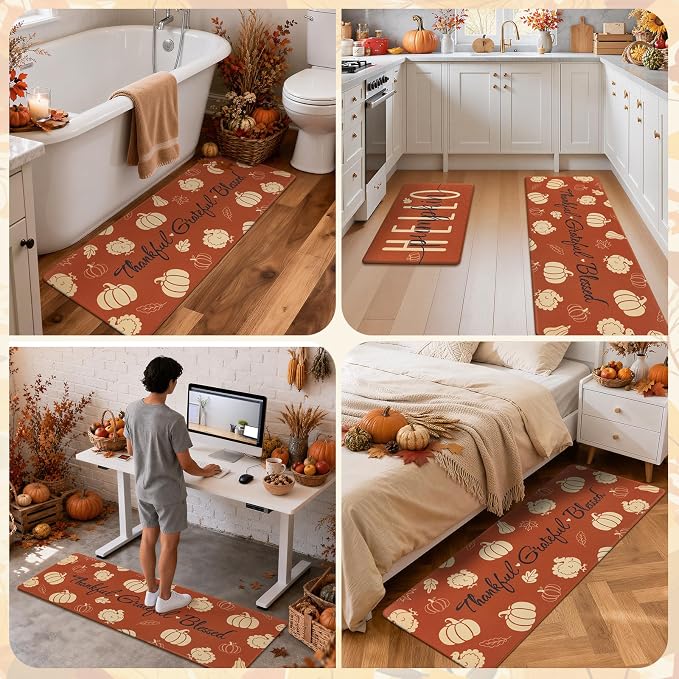 Ileading Fall Kitchen Mats Anti Fatigue, Pumpkin Kitchen Rugs Sets of 2 | Cushioned Non Slip Autumn Kitchen Mats for Floor, Waterproof Padded Floor Carpet for Harvest Thanksgiving