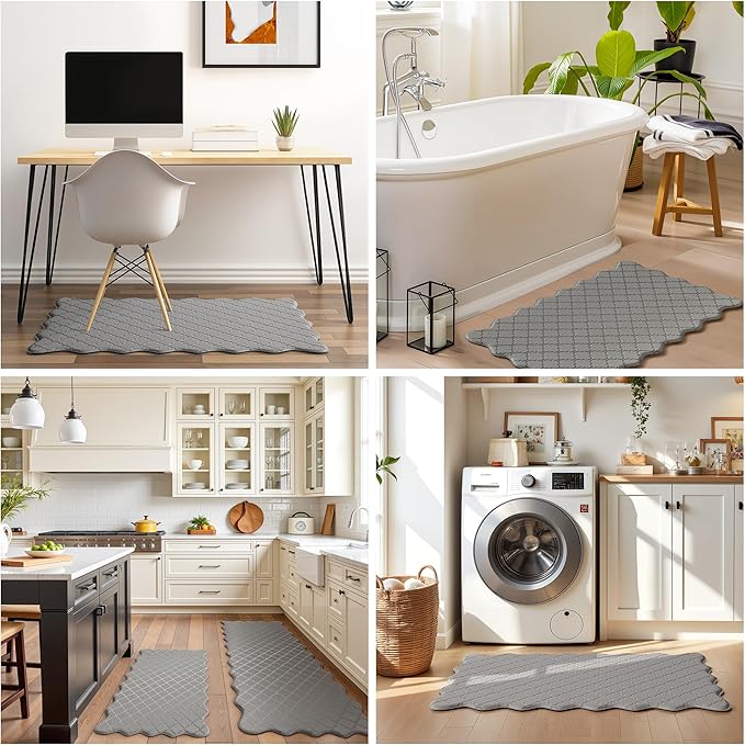 Upgrade Scalloped Embossed Kitchen Mats for Floor 2PCS Cushioned Anti Fatigue Waterproof Foam Kitchen Rugs Non Slip Washable Comfort Standing Mat for Sink Laundry, 17.3"x30"+17.3"x59", Grey