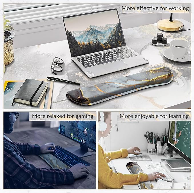 Gimars 17.3'' Extended Keyboard Wrist Rest Pad with 63D High-Density, Firm Memory Foam, Anti-Slip Rubber Base and Ergonomic Design for Typing Pain Relief,Office,Gaming, Computer, Laptop,Grey Golden
