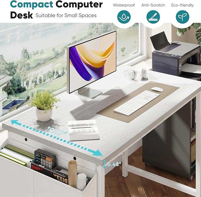 OLIXIS Computer Desk, 44 Inch Home Office Desks for Small Spaces, Writing Craft Study Gaming Table for Bedroom, Modern Computer Workstation with Storage Bag and Headphone Hook, White