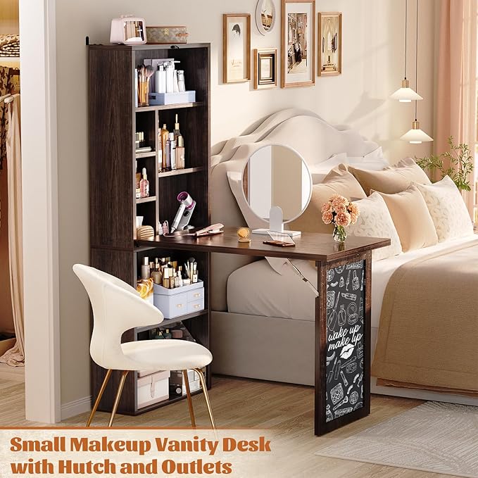 Armocity Small Folding Desk with Outlets, Convertible Writing Desk for Small Spaces/Home Office/Craft Room, Multi-Function Desk Workstation with Blackboard, Fold-Out Cabinet Table, Black Walnut