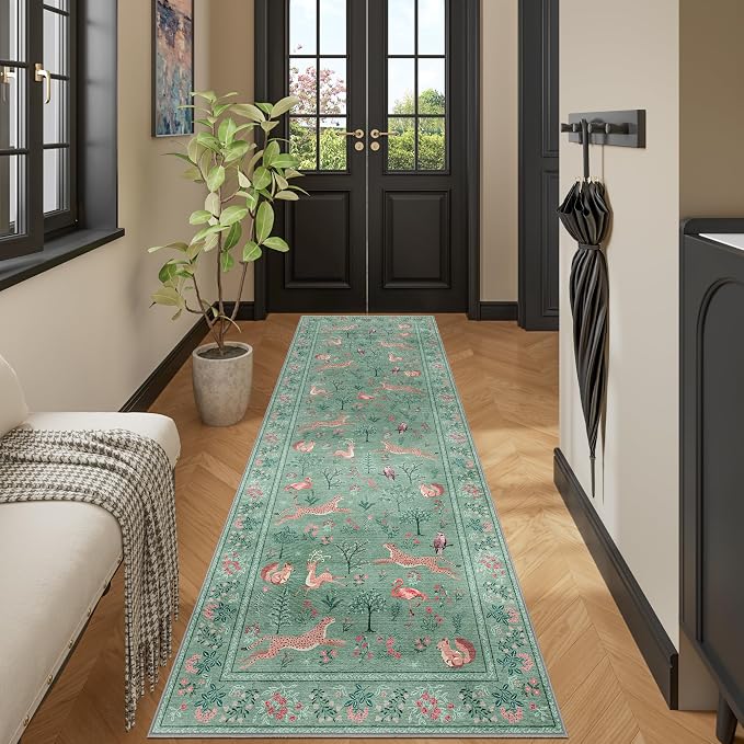 DUKINO 2x6 Rug for Hallway, Washable Kitchen Runner Rug with Non Slip Backing, Soft Low Pile Vintage Animal Runner for Bedroom, Kitchen, Hallway, Entryway, Laundry, Teal