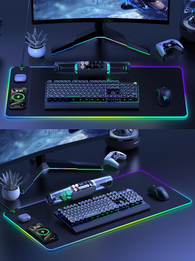 TopMade Wireless Charging Mouse Pad, RGB Gaming Mousepad Home Office Desk Pad, 31.5” x 15.8” XXL Large Desk Mat, Waterproof Keyboard Pad, Black (Includes 20W PD Power Adapter & 6.56ft Woven Cable)