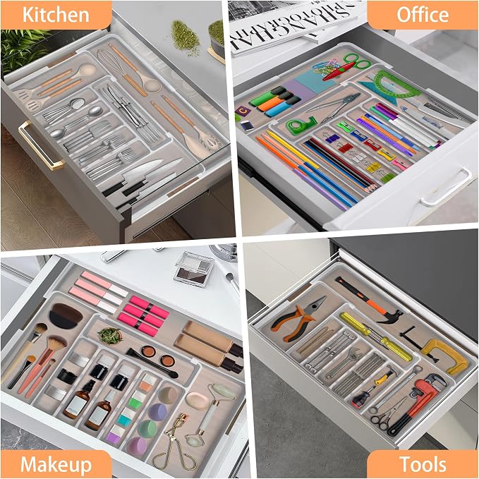 Spaclear Large Silverware Drawer Organizer Expandable Kitchen Utensil Organizer BPA Free Flatware Cutlery Holder Tray Adjustable Plastic Drawer Divider Storage for Forks Knives 6-9 Slots White