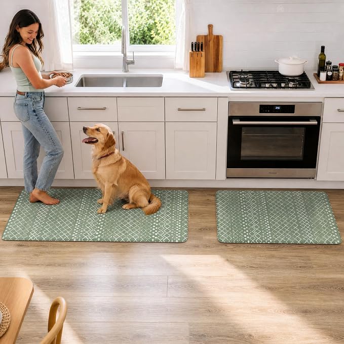 KIMODE Kitchen Anti Fatigue Mats, Green Farmhouse Kitchen Rugs Sets of 2, Memory Foam Kitchen Mats for Floor, Waterproof Standing Mat for Sink Laundry Office Desk 20"x47"+20"x32"