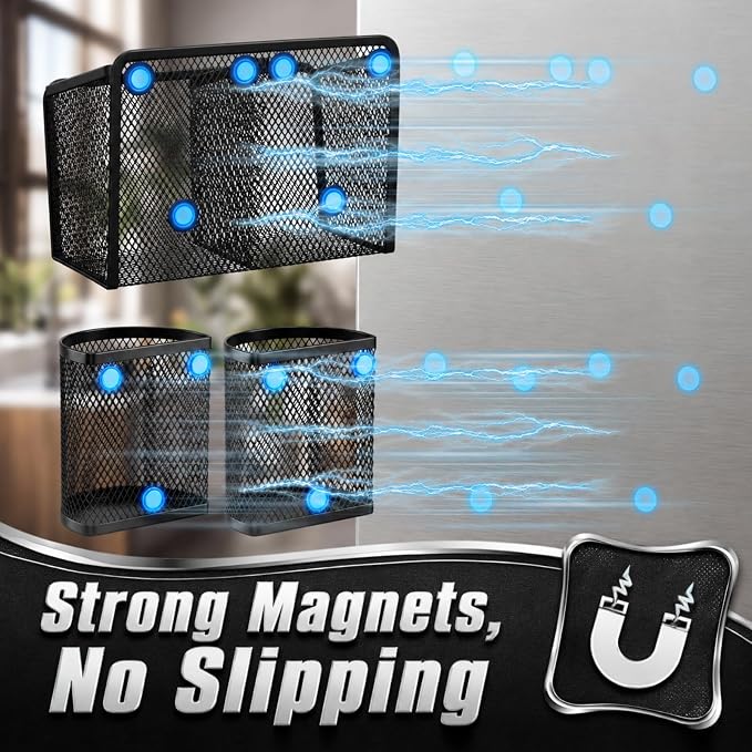 Marspark 3 Pcs Magnetic Pen Holder Set Metal Pencil Holder with Strong Magnets Wire Mesh Storage Basket Organizer for Locker Accessories Whiteboard Refrigerator School Office Dorm (Black)