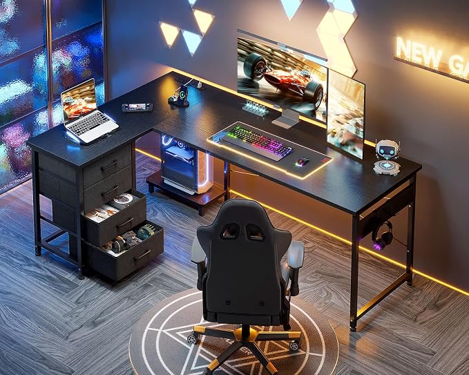 AODK 61" L Shaped Gaming Desk with 4 Drawers and Power Outlets, Black | USB Ports, PC Tower Stand, Hooks, Reversible Corner Layout for Gaming Rooms, Bedrooms and Home Office