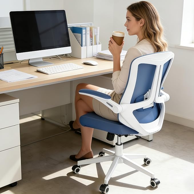 Office Chair (02BLue) | Smooth-rolling casters, space-saving design, height adjustable, for home office and gaming, sturdy construction