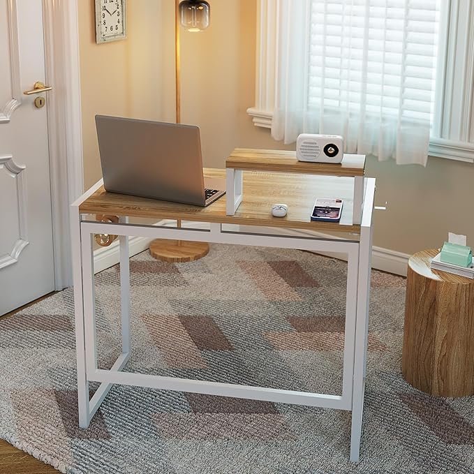 GreenForest Folding Desk with Monitor Stand, 31.5 Inch Foldable Computer Desk with Hook and Storage, Sturdy Small Space-Saving Writing Work Table for Home Office Dorm, Oak