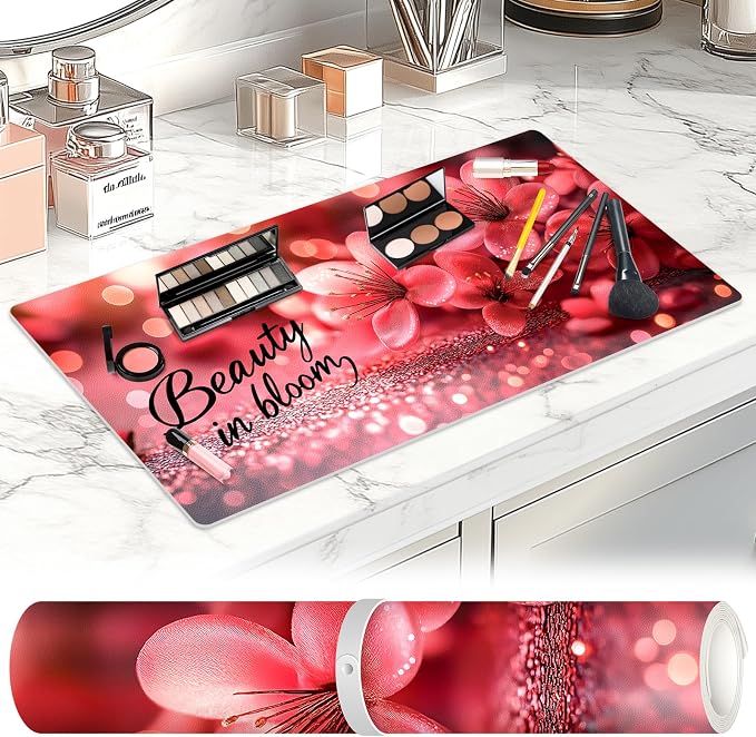 Dual-Sided Synthetic Leather Decorative Makeup Mat for Crafting, Furniture Protection, Scratch & Stain Resistant Surface Desk Pad, Waterproof Easy to Clean Vanity Protector (Floral Black)