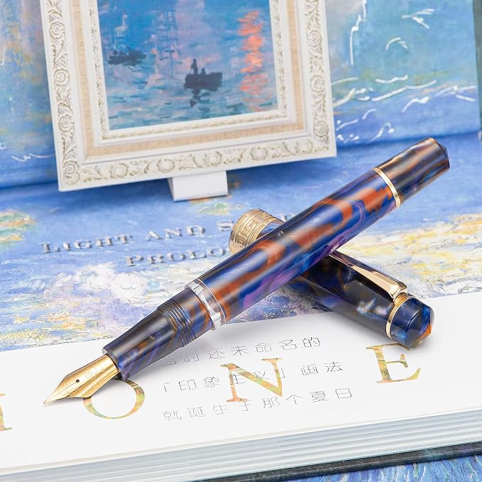 Asvine P20 Piston Fountain Pen Purple Resin, Iridium Medium Nib Gold Trim Business Signature, Smooth Writer Collection with Case Set