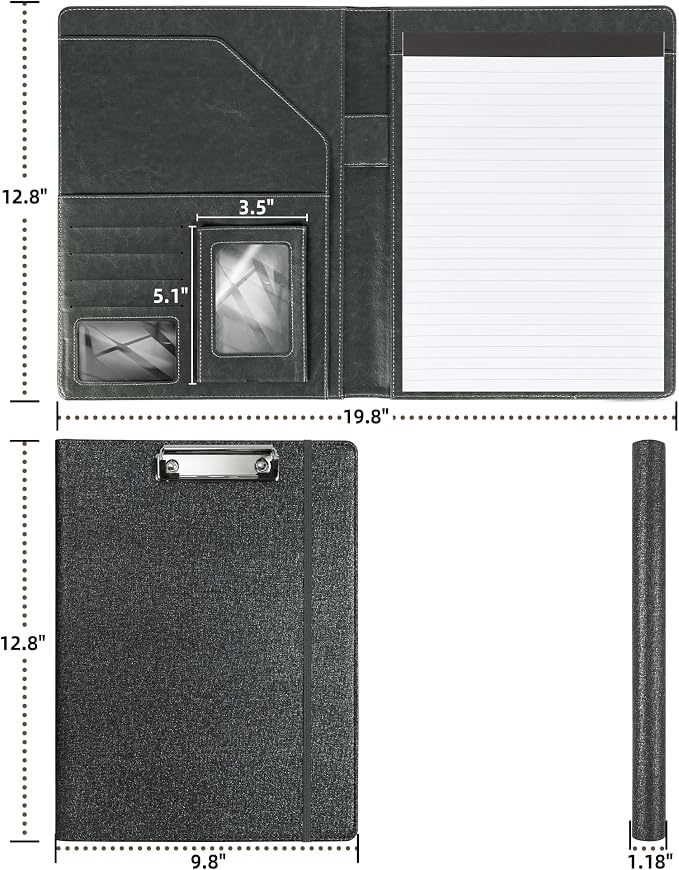 Leather Padfolio with Clipboard Folio Folder Padfolios for Women Black Sparkle Binder with Notepad