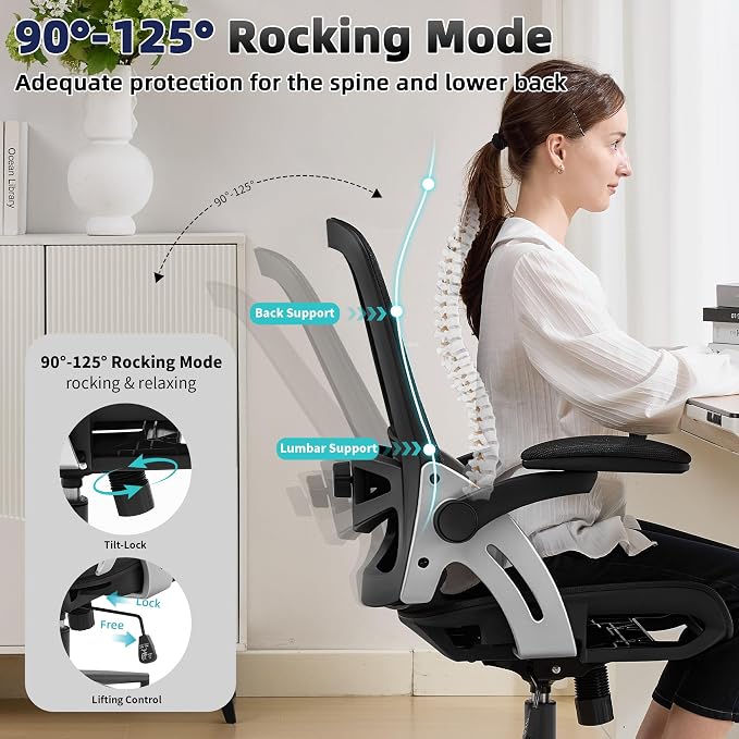 Fizzin Ergonomic Office Chair Mesh Computer Desk Chairs with 3D Armrests | Office Chair with Adjustable Lumbar Support, 90°-125° Tilt, Wide Mesh Seat Swivel Task Chair for Home Office