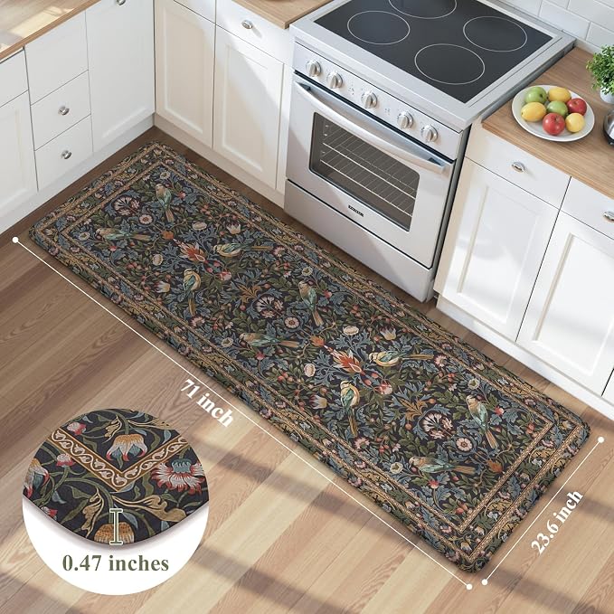 KIMODE Kitchen Mats Anti Fatigue,Cushioned Kitchen Rugs Runner | Navy Blue Green,Boho Floral Bird Kitchen Rugs Non Slip ,Wide Long Memory Foam Kitchen Floor Mat for Laundry Sink Office Home