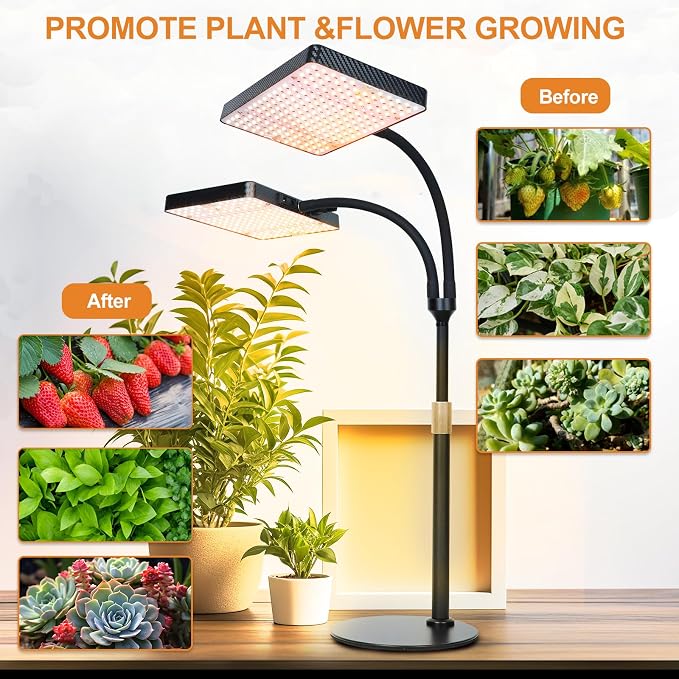 FECiDA 2026 2Head Tabletop Grow Lights for Seed Starting, Indoor Plants, Bonsai, 50 Watt Power Draw, NO Need Adapter, Super Bright and Big Coverage, 4/8/12/16/20 Hr Timer, 16"-24" Height Adjustable