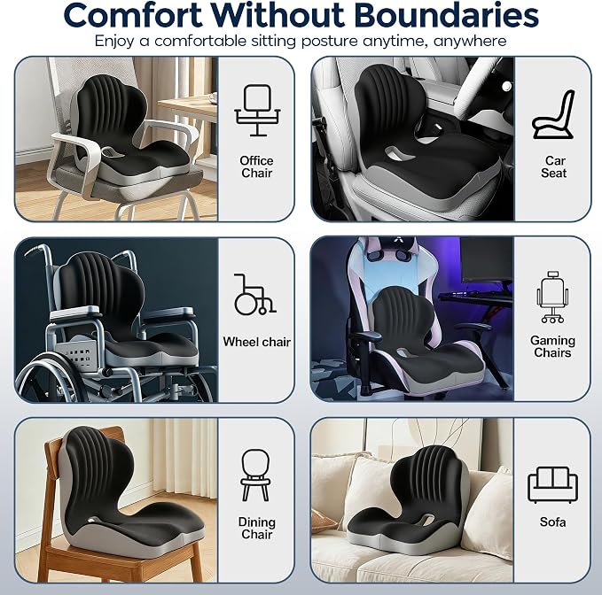 Seat Cushion for Office Chair Car, L-Shaped Ergonomic Seat Cushions,Memory Foam Orthopedic Cushion with Coccyx Hollow,Lumbar Support & Tailbone Pain Relief for Car, Truck, Home,Dark Gray & Light Gray