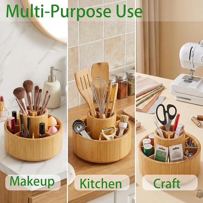360° Rotating Pen Holder for Desk Organizer, Bamboo Lazy Susan Marker Storage, Wooden Spinning Caddy for Colored Pencil, Art Paint Brush, Makeup Brushes, Office & Craft Supply