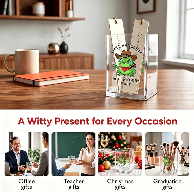 Funny Crying Frog Office Acrylic Cosmetic Pen Pencil Holder Cup, I Will Handle It But I Will Cry First Cute Pencil Organizer, Humor Desk Decor, Emotional Support Gifts for Women Men(A25)