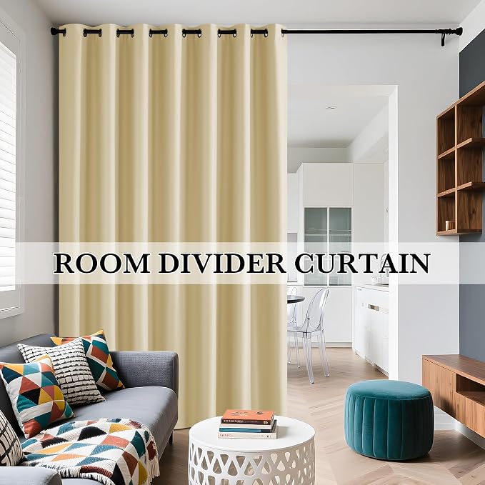RYB HOME 100% Blackout Room Divider Curtains for Sliding Glass Door, Extra Wide Thermal Insulated Privacy Curtains for Bedroom/Patio Door/Living Room/Open Closet, Beige, W100 x L84, 1 Panel