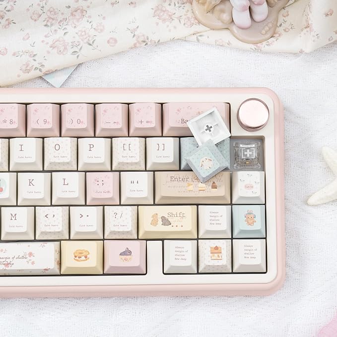 Pink Cute Rabbit Keycaps, PBT Custom Keyboard Caps, Cherry Profile Keycaps Set, Dye-Sublimation, 145 Keys for Mechanical Keyboard, Cute Key Caps Compatible with ANSI/ISO, 60% 75% 100%