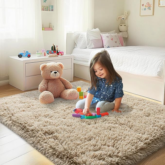 3x5 Area Rug for Bedroom, Soft Rugs for Living Room Nursery Kids Room Dorm Home Decor Aesthetic, Fluffy Shaggy Rug with 4 Anti-Slip Carpet Tapes, Light Tan