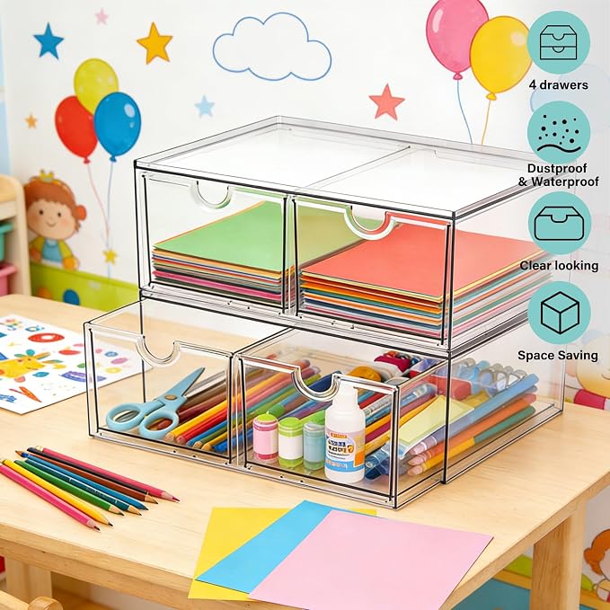 Prsildan Stackable Clear Makeup Organizer, 2 Pack Acrylic Storage Drawers with 4 Drawers for Vanity Bathroom Office Desk Modular Drawer System for Cosmetics Jewelry Toiletries Home Organization