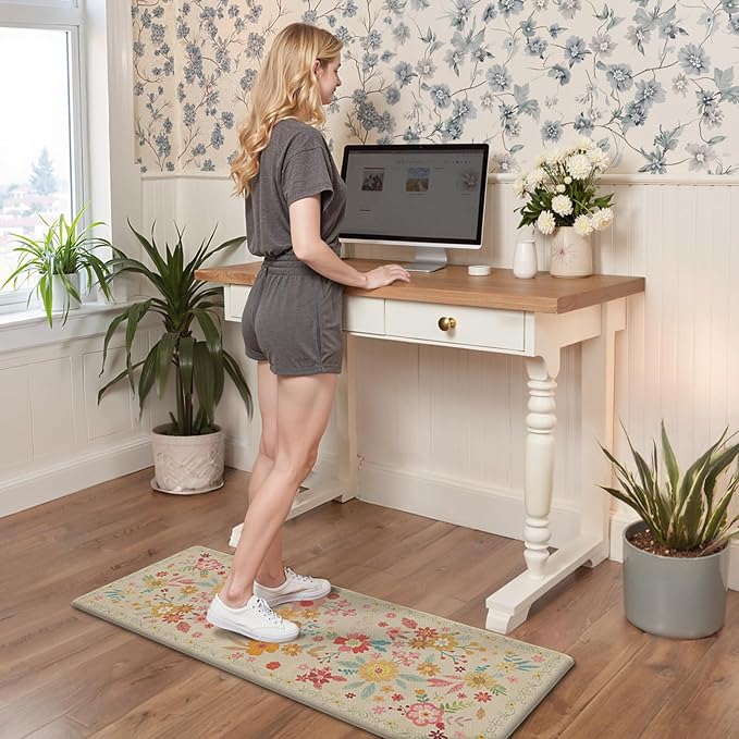 GENIMO Anti Fatigue Kitchen Mats for Floor 2PCS, Cushioned Standing Mats | 17.3"x47"&17.3"x30", Beige vintage floral rug set, waterproof, non slip, easy-clean for farmhouse