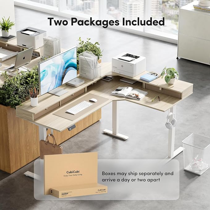CubiCubi L Shaped Standing Desk with Drawers 63 x 48 Inch Adjustable Height, Electric Corner Desk with Storage, Sit Stand Home Office Desk with Splice Board, Light Walnut