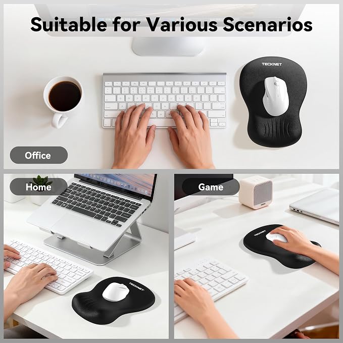 TECKNET Ergonomic Mouse Pad with Wrist Rest, Memory Foam Mousepad with Wrist Support, Smooth Surface, Middle Concave & Non-Slip Base for Laptop/PC, Pain Relief for Home Office Gaming, Black