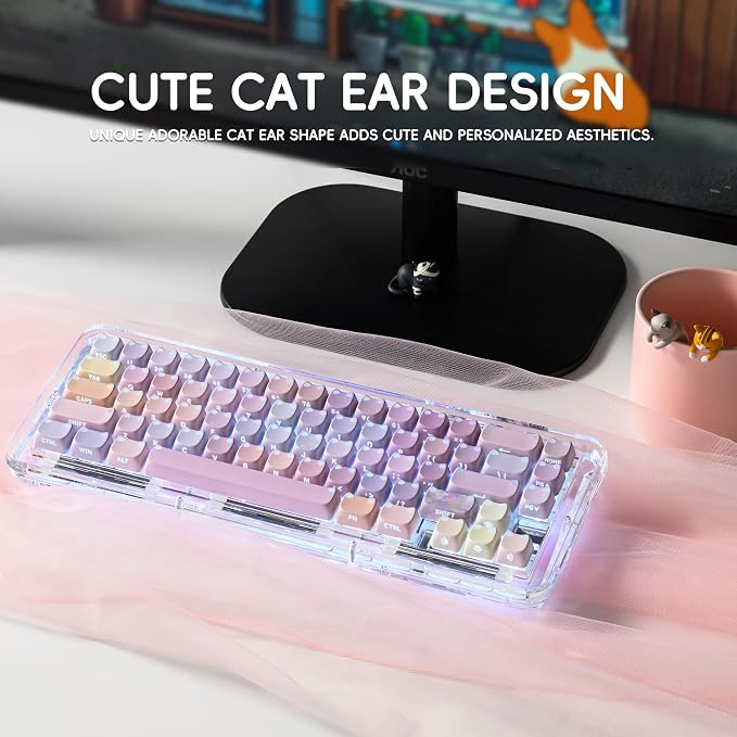 XVX Cute Shine Through Lumicat Keycaps, Mao Profile Purple PBT Keycaps for Mechanical Keyboard, Meow Meow Keyboard Keycap Sets Compatible with 65% 75% 96% 100% Cherry Gateron MX Switches Keyboards