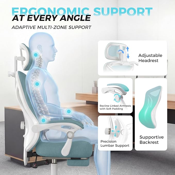 Ergonomic Office Chair with Footrest - Adjustable Lumbar Support & Headrest, 90-160° Reclining Mesh Back Computer Chair - Home Office/Gaming, 350lbs Capacity