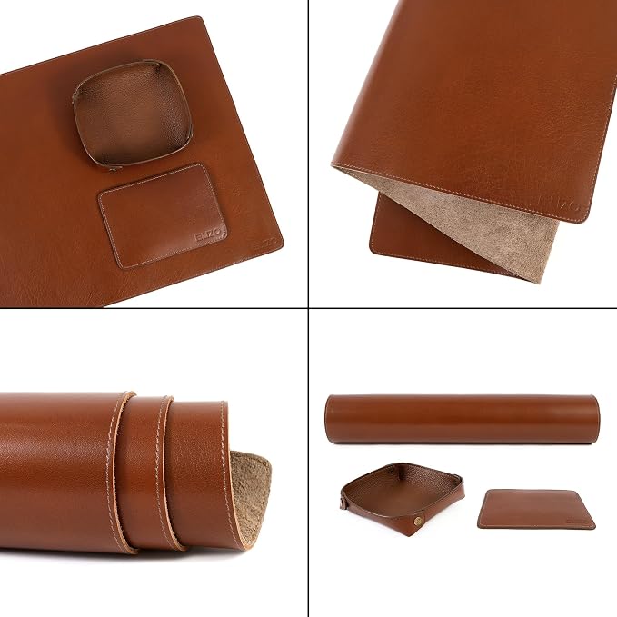 ELIZO Leather Desk Pad Real Leather Desk Mat Thick (3mm) Double Layer (32x16) Cover Blotter Desk Protector Large Computer Mat for Keyboard Mouse Pad Table Laptop Mat Office Accessories - Camel