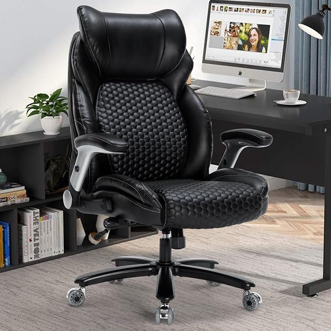 Heavy Duty Office Chair-500 lbs Ergonomic Leather Desk Chair Featuring Adjustable Headrest and Lumbar Support High-Back Swivel Task Chair for Heavy People Computer Chair with Flip-Up Armrests