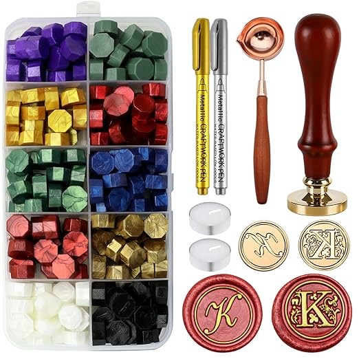 Letter Wax Seal Stamp Kit, Andotopee Wax Seal Kit Initial Alphabet K Sealing Wax Stamp Head 2pcs, Vintage Monogram Wax Stamp Seal Kit with 200pcs Assorted Wax Seal Beads, Wax Seal Spoon, Wax Seal Pen