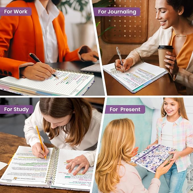 Large Spiral Lined Notebooks for Work with Removable Dividers & Tabs, 8.5"x11" Pretty Hardcover 5 Subject Notebook Journal for Women, College Ruled, Perfect for Study & Office Organization, 280 Pages,Purple Blocks