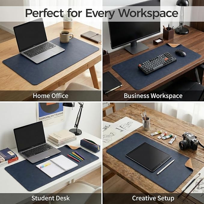 Premium Faux Leather Desk Mat & Tray Set,Innovative Cork-Look Printed Base,Gift Tube Packaging,Full-Desk Coverage,Non-Slip Desk Pad for Office Home(Navy Blue)