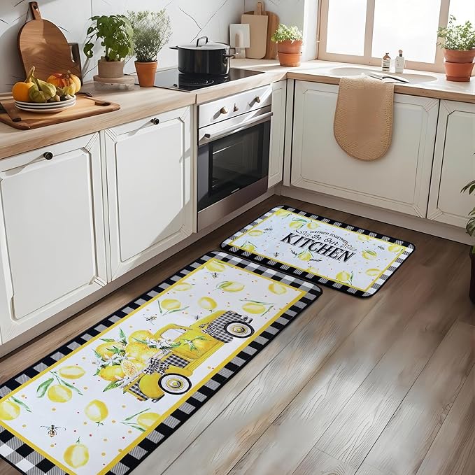 Voanos Lemon Kitchen Rugs,Non Skid Washable Microfiber mats for Kitchen Floor, Lemon Truck Theme Kitchen Cushioned Runner Rug Decor Sets of 2 Pieces,17"x 47"+17"x 30"